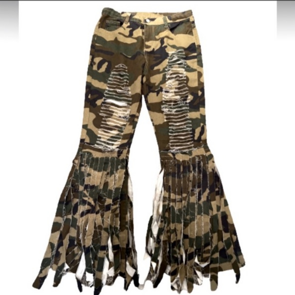 Green Denim Camo pants with distress and fringe. (Sz. Medium)